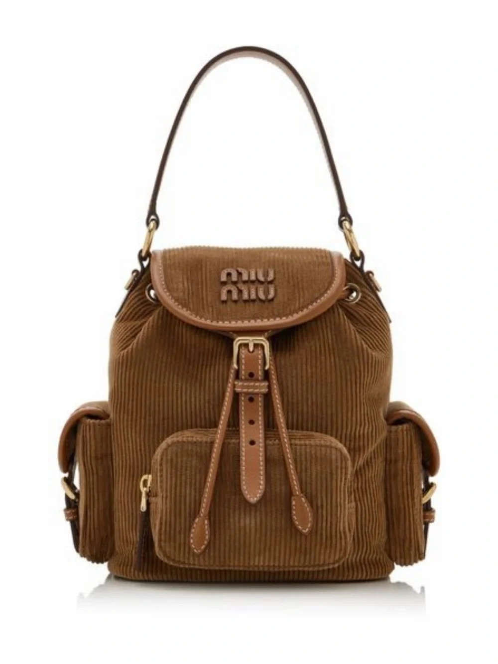 Miu Miu Brown Corduroy Drawstring Backpack with Leather Trim